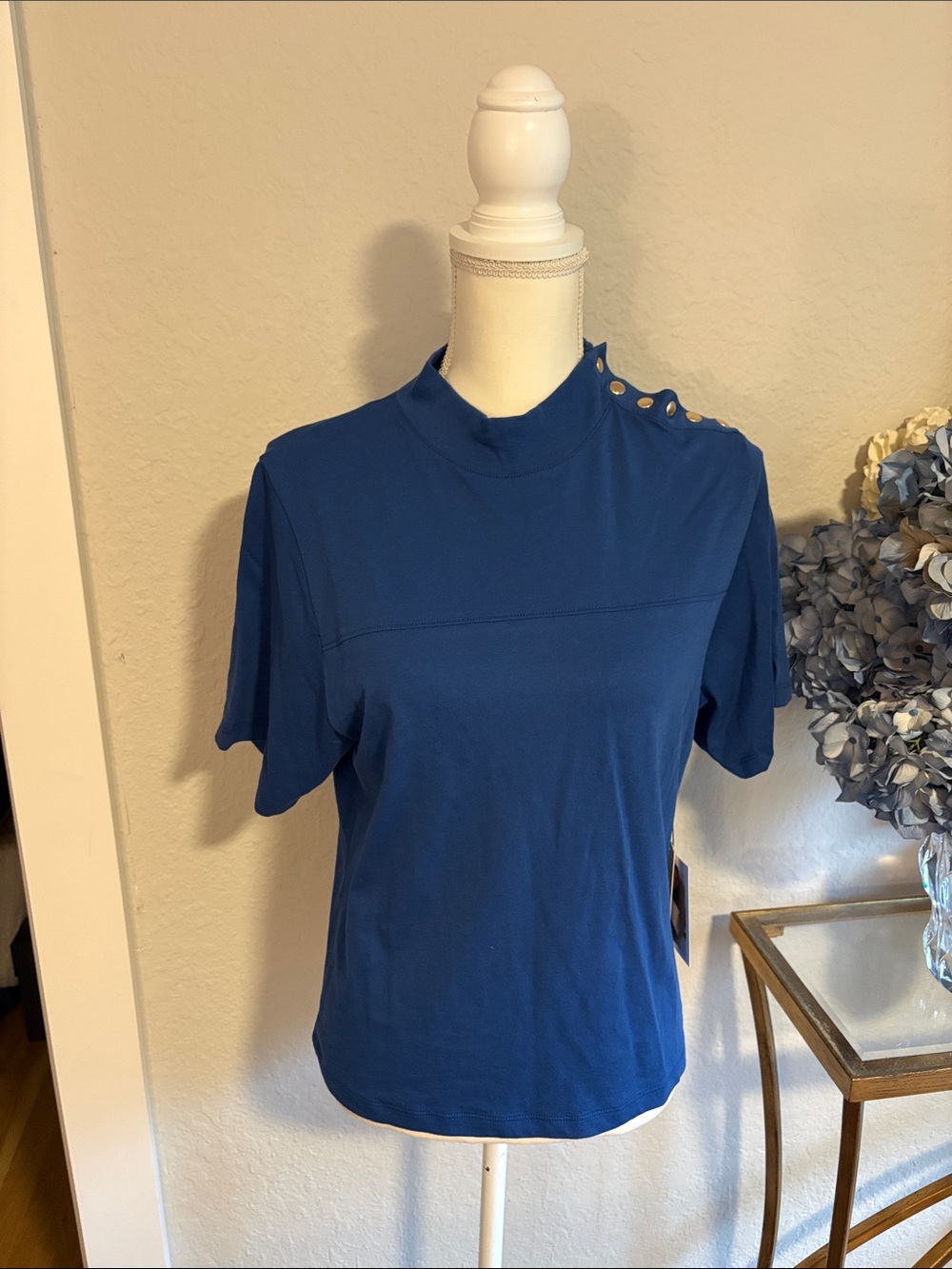 Nation LTD Royal Blue Mock Neck Short Sleeve Top with Shoulder Buttons